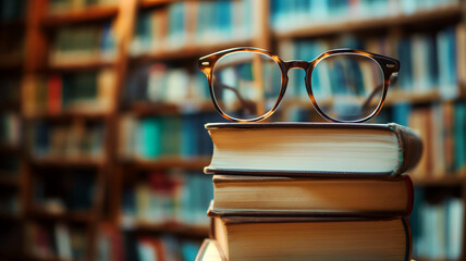 Eyeglasses on top of a stack of books with a blurred bookshelf background representing knowledge, education, reading, and learning. - obrazy, fototapety, plakaty