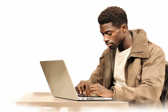 Young black male freelancer typing on laptop, watercolor illustration with copyspace