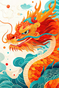 Vibrant illustration of a fiery orange dragon amidst swirling clouds and waves, symbolizing power and mythology.