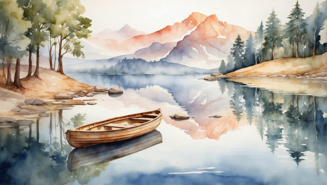 Peaceful watercolor mountain lake with a rowboat and reflections of the trees.