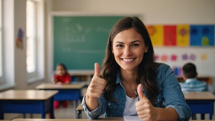 Smiling teacher showing thumbs up with student in the classroom