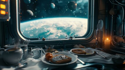 macro photo, breakfast in a lift in the space station with a view of planet earth, looks very real, detailed, warm lighting, photography