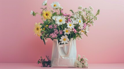 A beautiful arrangement of fresh spring flowers in a white tote bag against a pastel pink background, showcasing variety and vibrancy