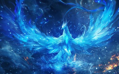Sapphire phoenix rising from deep blue flames its feathers a brilliant azure shimmering with fiery intensity - obrazy, fototapety, plakaty