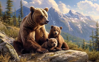 Protective mother bear watching over her cubs - obrazy, fototapety, plakaty