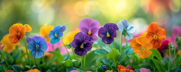 a vibrant garden brimming with a variety of flowers, including tulips, pansies, orchids, and violas It embodies the essence of spring and summer through a rich palette of co