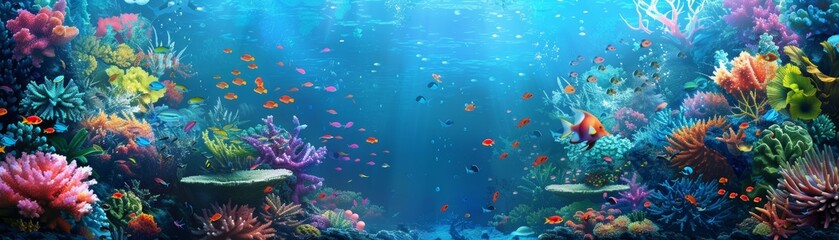 Fototapeta na wymiar Imagine an underwater scene in the ocean where divers explore a vibrant coral reef teeming with fish The clear blue water reveals the beauty of marine life, including sharks, amidst the colorful coral
