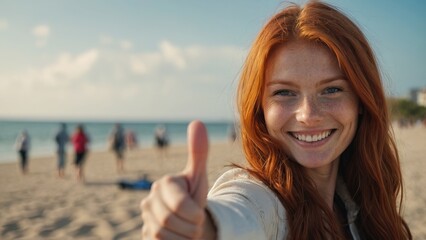 Smiling redhead female showing thumbs up in the beach vacation