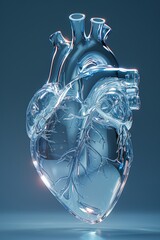 A heart organ made from glass material, clean blue gradient background, in the style of expert, naturalism, OC renderer, ultra HD, ultra detail, 3d rendering, ultra-realistic, ray chasing