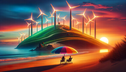 A tranquil beach scene at sunset featuring a hill with glowing wind turbines and people relaxing under a colorful umbrella, AI-generated.