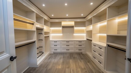 Elegant Walk-in Closet with Custom Cabinetry and Lighting. Generative ai