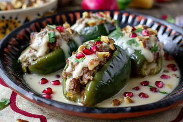 A plate of chiles en nogada, a traditional Mexican dish made with poblano peppers stuffed with meat...