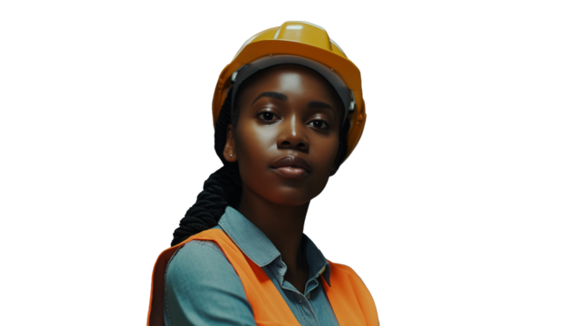 Portrait of a black logistic worker woman with hard hat isolated on a transparent background  looking at the camera