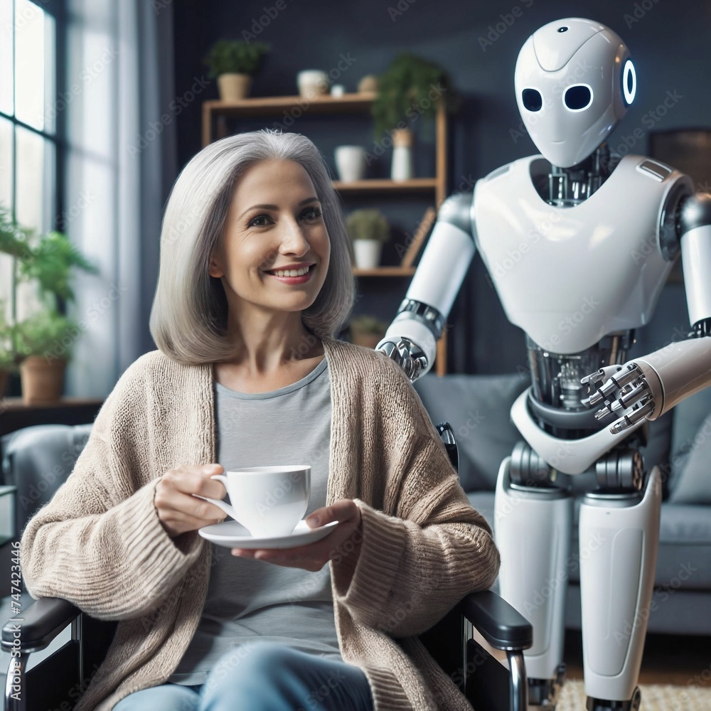 Poster robot assistant for person in wheelchair. robotic geriatric care at home. robot caregiver. companion