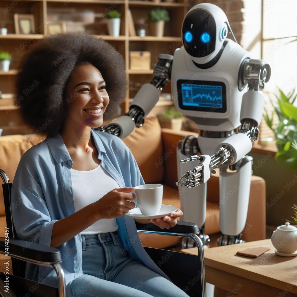Poster robot assistant for person in wheelchair. robotic geriatric care at home. robot caregiver. companion