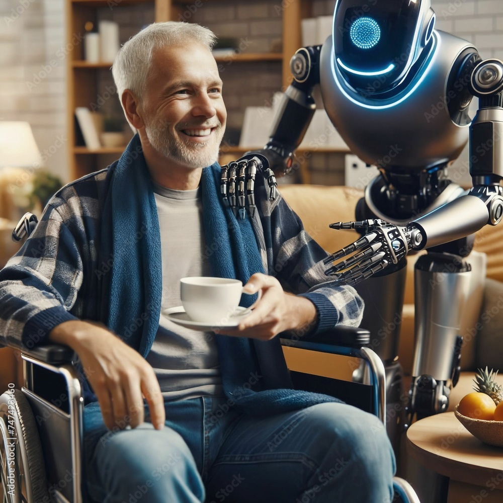 Poster robot assistant for person in wheelchair. robotic geriatric care at home. robot caregiver. companion