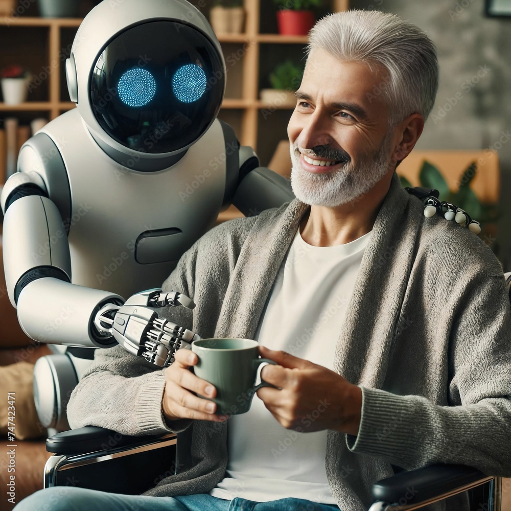 Poster robot assistant for person in wheelchair. robotic geriatric care at home. robot caregiver. companion