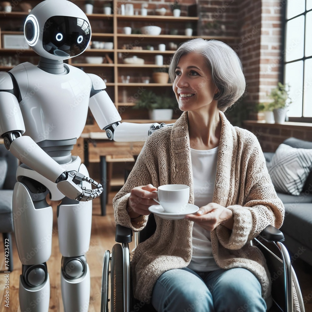 Poster robot assistant for person in wheelchair. robotic geriatric care at home. robot caregiver. companion