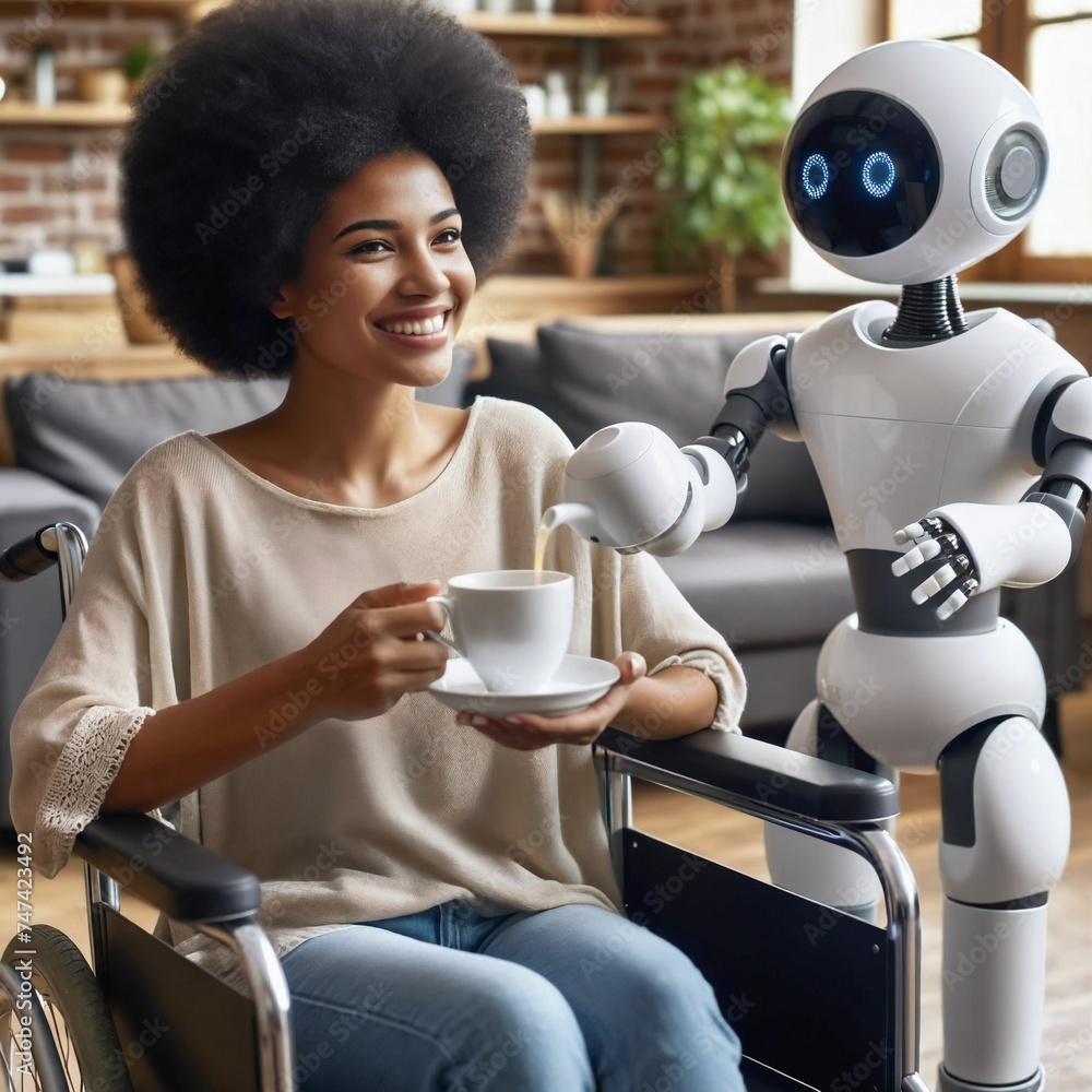Poster robot assistant for person in wheelchair. robotic geriatric care at home. robot caregiver. companion