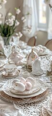Intricate lace doilies on a beautifully set Easter table
