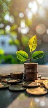 Increasing efficiency and reducing costs in financial transactions with stacked coins and growing plant