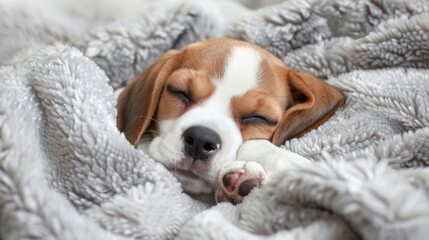 Adorable pet: Cute Beagle puppy sleeping in bed, showcasing the irresistible charm of a cozy canine nap.