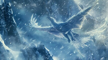 Frost phoenix a creature of ice and snow reborn from a glacier soaring through a blizzard with wings of shimmering frost