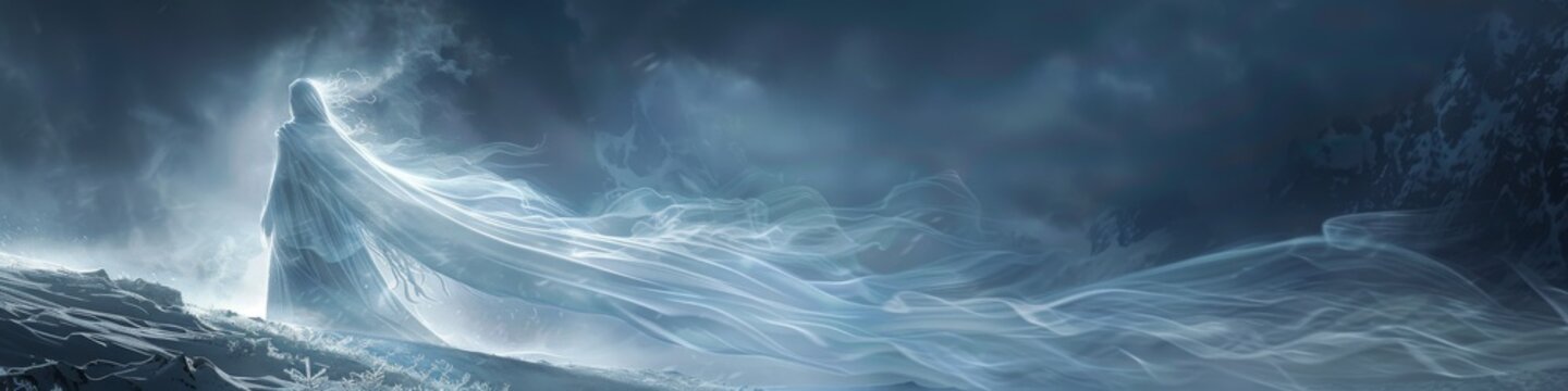 Frostveil specter a ghostly figure draped in icy mist gliding through a winter landscape leaving a trail of frost in its wake