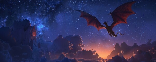 Obraz premium Enchanted dragon soaring through the night sky