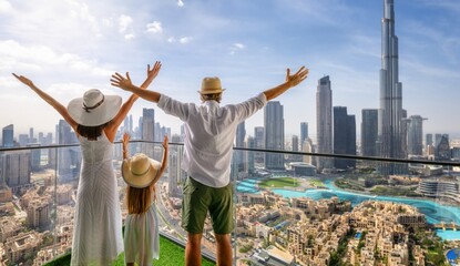 A happy family on a city break vacation enjoys the panoramic view over the skyline of Dubai, UAE