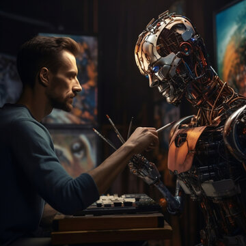 гobot artist vs human artist. Robot technology, man using artificial intelligence. A man artist sits at a table with a robot artist.