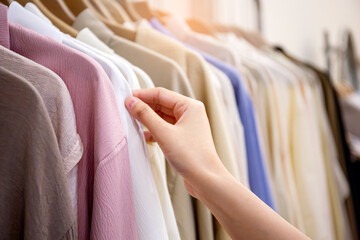 Close-up of woman hand choosing discount clothes in store, shopping fashion concept
