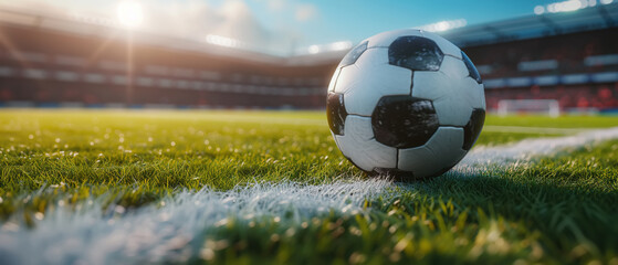 Soccer ball in the stadium. Sports banner with copy space