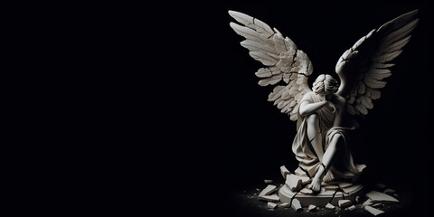 broken angel with wings on black background