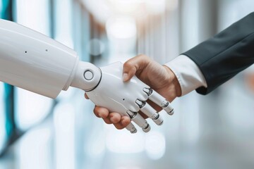 Close up of a robotic hand initiating a handshake with a human in a high tech futuristic business environment