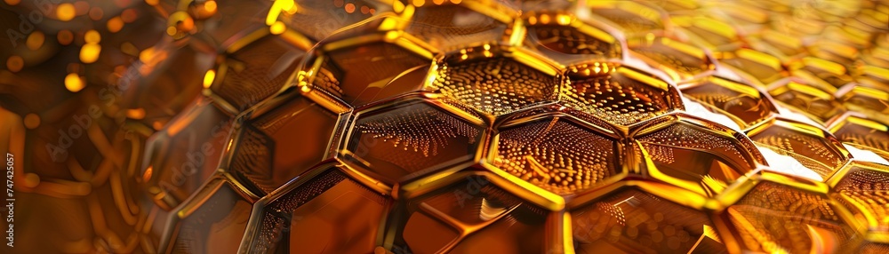 Wall mural abstract golden honeycomb pattern with intricate digital textures and reflections. suitable for bann
