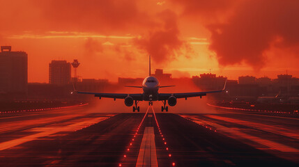Airplane landing at sunset.
