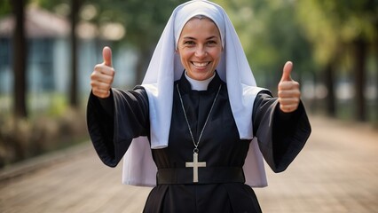 Smiling nun showing thumbs up