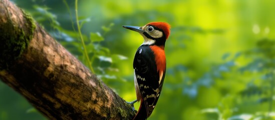 Woodpecker taps diligently on the tree - obrazy, fototapety, plakaty