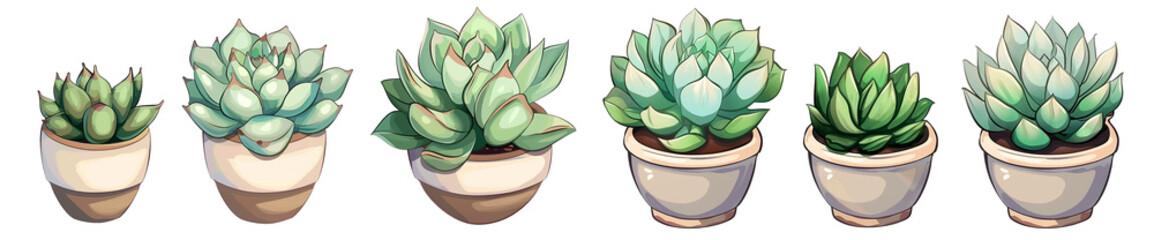 Vector illustration of succulents in pots of different shapes in cartoon style isolated on transparent background. - obrazy, fototapety, plakaty