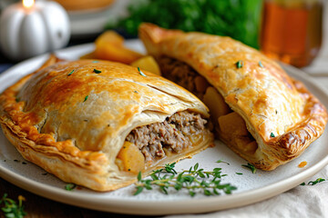 A plate of Cornish pasty, a baked pastry filled with beef, potatoes, onions, and swede