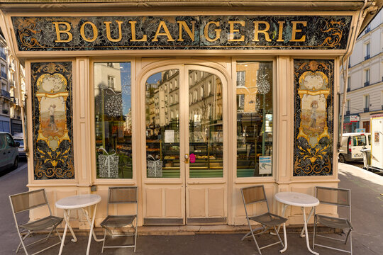 Paris France 05 june 2023 : fancy vintage parisian bakery facade 