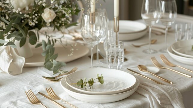  plates, cutlery, glasses, glasses, napkins. Stylish table decoration for the ceremony, wedding. White tablecloth.