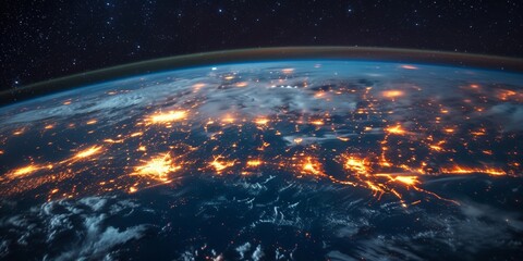 A stunning night view of the Earth from space, illuminated cities on the globe.