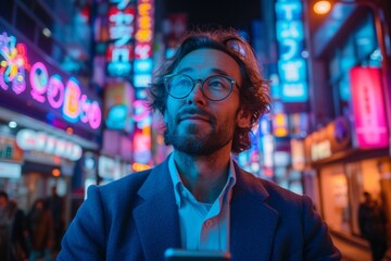 Obraz premium A cheerful businessman, navigating his phone at night, exudes curiosity and professionalism in a neon-lit city.