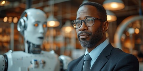 Confident African scientist and businessman poses with a model representing advanced robotics intelligence.