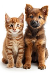 A cute white kitten and a German Shepherd puppy sitting together, showcasing a heartwarming friendship.