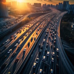 Fototapeta na wymiar Car traffic moving on highway, aerial view