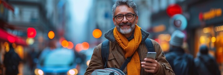 A cheerful and attractive senior grandfather strolls in the autumn city, confidently using his phone.