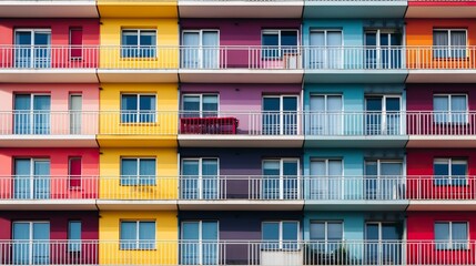 Obraz premium Colored residential building facade with balconies